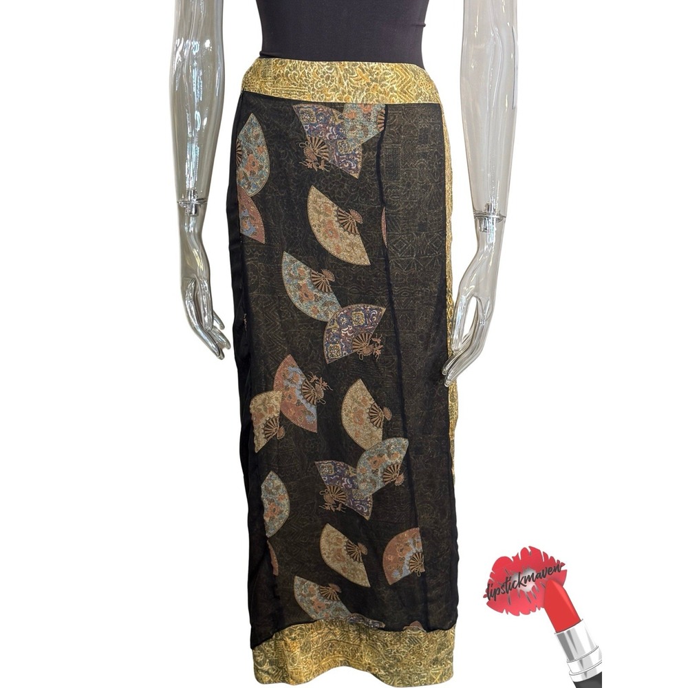 Harari Skirt Womens Small Asian Fan 100% Silk Satin Wrap Midi Vintage Boho Y2K